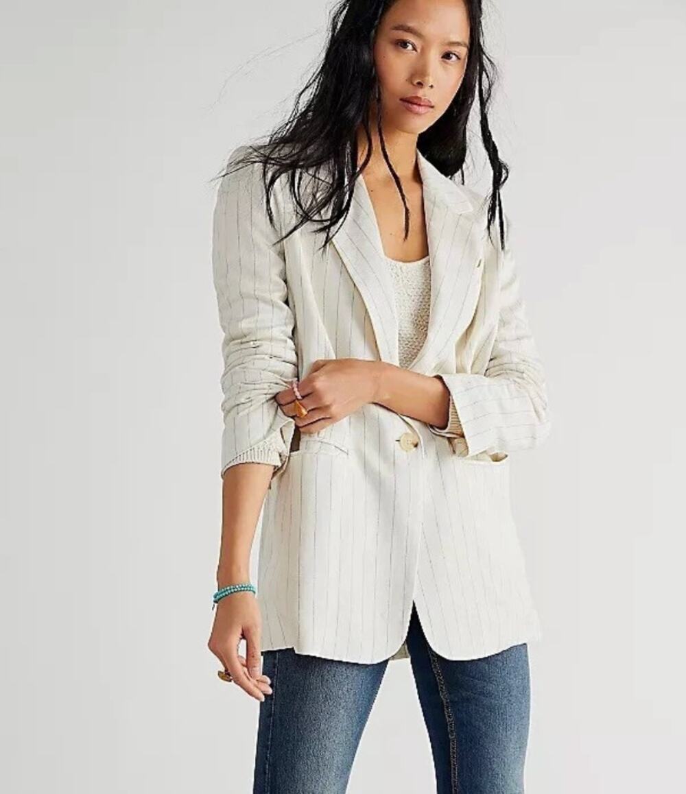 NEW Free People Crosby Blazer Jacket Oversized Linen Blend Ivory Relaxed Small